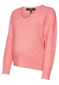 Weicher, rosa Vero Moda Umstandspullover mit langen Ärmeln, V-Ausschnitt und gerippten Bündchen und Saum.