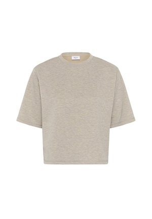 Gaiši pelēka īsām piedurknēm T-krekls, kas izgatavots no mīksta kokvilnas maisījuma, ar apaļu kakla izgriezumu, brīvu piegriezumu un minimālu šuvju detaļu. Bez rakstiem.
