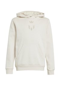 Haut à capuche couleur crème en tissu doux, doté d'une poche avant, de poignets côtes et d'un logo en relief sur la poitrine et la capuche.