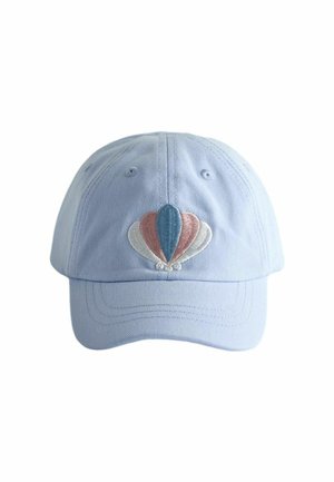 Jasnoniebieska czapka bejsbolowa z haftowanym balonem na ogrzane powietrze w kolorze białym, różowym i niebieskim na środku z przodu.