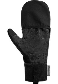 Schwarze Handschuhe mit einer strukturierten Griffoberfläche und einem Bergmuster auf der Handfläche, mit einem weichen Obermaterial und einem verstellbaren Handgelenksverschluss.