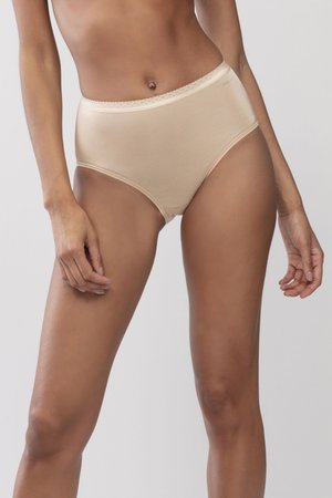Beige high-waisted underwear featuring a smooth fabric, lace trim at the waistband, and a full coverage design.
