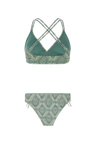 Zielony bikini z wzorem, składający się z braletki z krzyżowanym tyłem i dopasowanych majtek z niskim stanem z wiązaniami, wykonany z elastycznej tkaniny pływackiej.