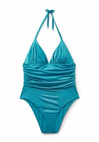 Maillot de bain une pièce turquoise avec un design à encolure halter, un buste froncé, une texture plissée et une finition en tissu extensible et lisse.