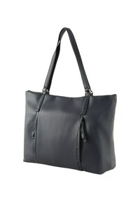 Sac en cuir gris foncé avec une finition texturée, poignées doubles et un compartiment à glissière d'un côté, avec des accents de quincaillerie minimalistes.