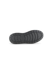 Zwarte rubberen buitenzool met diepe profiel en ribbels, voorzien van een gladde, ronde neus en een logo-afdruk op de middenzool voor grip en tractie.