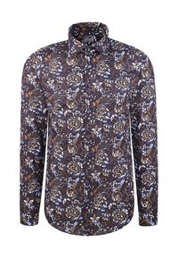 Camicia a maniche lunghe con bottoni, caratterizzata da un fitto motivo floreale nei toni marrone, blu, bianco e beige, con colletto classico.