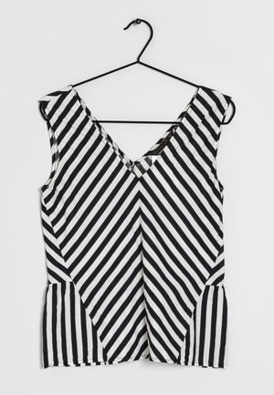 Schwarzes und weißes gestreiftes ärmelloses Top mit tiefem V-Ausschnitt und seitlichen Falten, aus leichtem Stoff und in lockerer Passform.