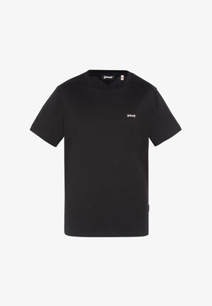 Zwarte t-shirt met korte mouwen van katoen en een ronde hals. Heeft een klein wit logo op de borst en een label aan de zijkant van de onderrand.