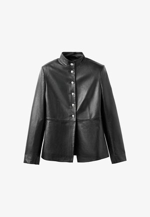 Black leather jacket with a mandarin collar, featuring a straight cut, silver buttons, and two front pockets. Smooth texture and tailored design.