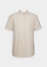 Chemise à manches courtes à boutonnage, fabriquée en tissu léger, arborant des rayures verticales beige et marine, avec un col classique et cinq boutons.