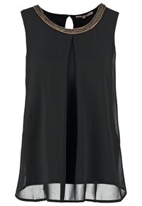 Svart ärmlös blus med nyckelhål i ryggen, prydd med en pärlkrage och ett flödande, genomskinligt tyg. Längden sträcker sig förbi midjan.