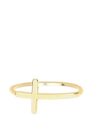 Guld tynd ring med et horisontalt korsdesign og "375" prøveindstempel inde i ringen.