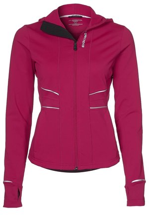 Fuksia urheilu zip-up takki hupulla, jossa on heijastavat yksityiskohdat, sivutaskut ja peukalonreiät hihoissa lisäämään toiminnallisuutta.