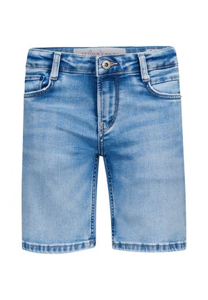 Lichtblauwe denimshorts met vijf-pocketontwerp, knoopsluiting en vervaagde textuur. Verweerde accenten nabij de zoom.