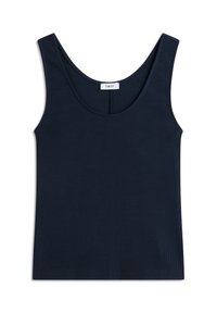Canotta a coste blu navy con scollatura tonda e spalline larghe. Presenta una trama sottile e include un piccolo etichetta del marchio all'interno.