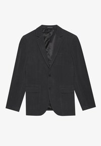 Mörkgrå blazer med en enkelknäppt design, slagkrage, två fickor framtill och satinfoder inuti. Tvåknäppning.