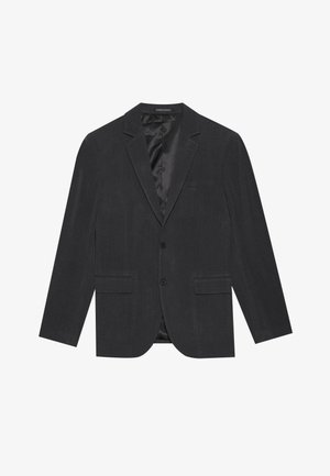 Blazer gris foncé avec un design à un bouton, revers crantés, deux poches avant et un intérieur doublé en satin. Fermeture à deux boutons.