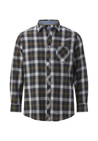 Kariertes Hemd in Grün, Marineblau und Weiß, mit durchgehender Knopfleiste, langen Ärmeln, Brusttasche und weicher Stoffstruktur.