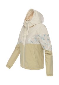 Lichte capuchonjack met een beige lijf, een patroon op het bovenste paneel in zachte tinten blauw en wit, elastische manchetten en een ritssluiting aan de voorkant.