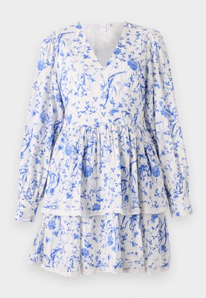 Ziedsdrēbes, baltas ar ziliem rakstiem, V veida kakla izgriezums, garas puff piedurknes, kārtainas ar mežģīņu apdari apakšā, viegla auduma.