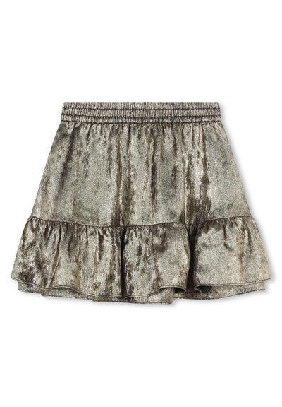 Jupe plissée gris métallique avec une taille élastique, présentant une surface douce et texturée ainsi qu'un ourlet en couches.