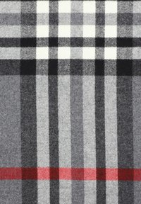 Tkanina w kratę z wełny, z naprzemiennymi jasnoszarymi, ciemnoszarymi, czarnymi i białymi paskami oraz wyraźnym akcentem w postaci czerwonego paska.