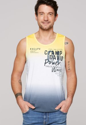 Ärmelloses Tanktop mit Farbverlauf von Gelb zu Hellgrau. Verfügt über grafischen Text und Drucke. Hergestellt aus strukturiertem Baumwollstoff mit lockerer Passform.