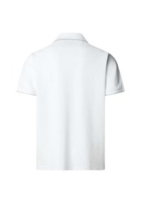 Polo blanc à manches courtes vu de dos avec un col et une bordure gris clair sur les manches et les bords du col.
