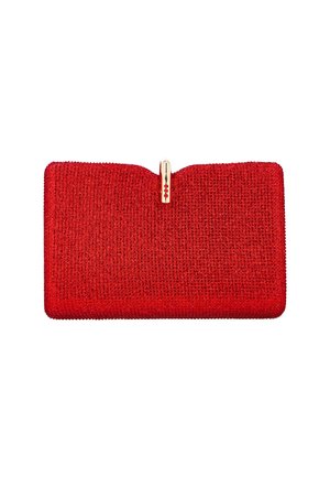Rektangulær rød clutchpung dækket af små røde rhinestones med en guldfarvet lukning, der har tre røde ædelstene i toppen i midten.