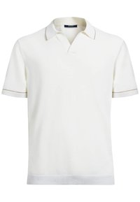 Polo en mélange de coton blanc, doté d'un col plat, de manches courtes, et d'un liseré contrastant sur le col et les manches. Texture lisse.