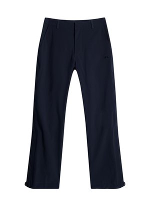 Pantalons bleu marine avec une texture lisse, offrant une coupe décontractée, deux poches latérales et un détail bouton au niveau de la cheville.