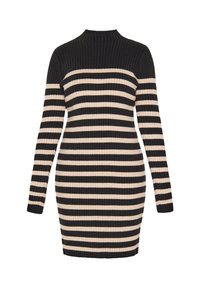 Schwarz-beige gestreiftes, geripptes Kleid mit langen Ärmeln, Stehkragen und figurbetonter Silhouette. Der strukturierte Stoff erhöht die visuelle Tiefe.