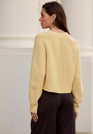 Knitted yellow sweater featuring a ribbed hem and cuffs, with a textured back design and raglan sleeves, paired with dark pants.