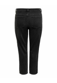 Blugi negri din denim văzuți din spate, cu două buzunare posterioare, bucle pentru curea și croi drept care se termină deasupra gleznei.