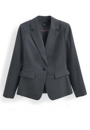 Tmavě šedý upravený blazer s jedním knoflíkem, ostrými klopami a dvěma předními kapsami. Hladká tkanina s jemnou texturou.