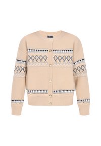 Bézs színű kötött kardigán kerek nyakkal, elöl gombokkal, kék és fehér geometrikus mintákkal az ujjakon és a testen.