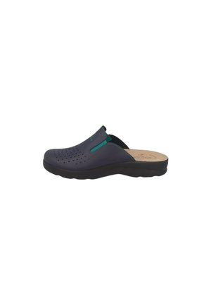 Zoccolo blu navy senza lacci con tomaia traforata, pannelli laterali elastici verdi, soletta imbottita beige e suola nera per uso casual.