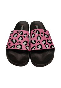 Infradito neri con una fascia rosa caratterizzata da un motivo leopardato in bianco e nero. Soletta texturizzata per grip e comfort.