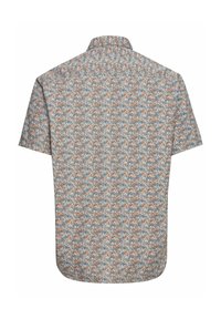 Korte mouwen shirt met een blauw, oranje en crème bloemenpatroon op een grijze achtergrond, voorzien van een standaard kraag en rechte zoom.