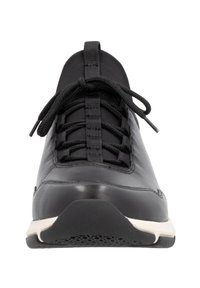 Black leather sneaker with round toe, textured laces, reinforced stitching, and a contrasting white midsole. Flat rubber outsole for grip.