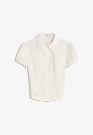 Weißes kurzärmliges Hemd mit Kragen, Knopfverschluss und Faltendetail an den Seiten, entworfen für einen figurschmeichelnden Look.