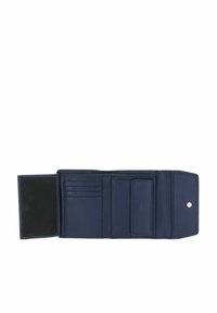 Navy leather wallet with multiple card slots, a clear ID window, and a snap closure. Smooth texture with subtle stitching detail.