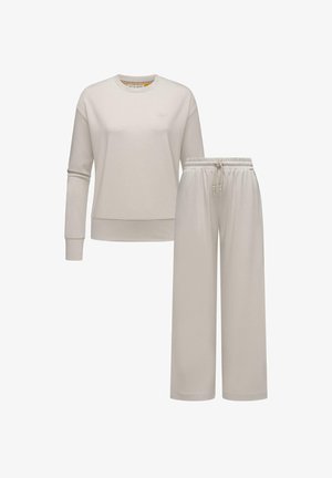 Lys beige sweatshirt med lange ærmer og rund halsudskæring, parret med matchende brede bukser med elastisk talje og snor.