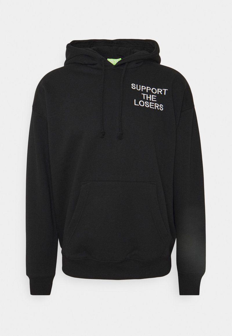 Sweat à capuche noir avec poche avant et texte blanc sur la poitrine indiquant "SUPPORT THE LOSERS", avec capuche à cordon et poignets et ourlet côtelés.
