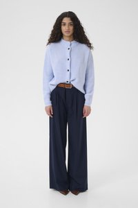 Světlomodrý pletený cardigan na knoflíky, kombinovaný s tmavě modrými širokými kalhotami a hnědým páskem. Hnědé boty se špičatou špičkou.