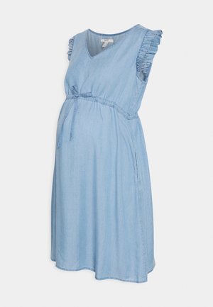 Light blue sleeveless maternity dress with V-neck, ruffled shoulder details, and a waist tie on a plain white background.
