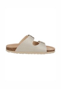 Silberne Glitzer-Sandalen mit Korksohle. Das offene Zehendesign verfügt über zwei verstellbare Riemen mit Schnallen für einen sicheren Halt. Weicher, strukturierten Fußbetten.