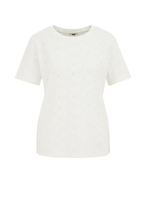 Biela, krátkorpí t-shirt s textúrovaným očkovým vzorom a okrúhlym výstrihom. Látka je ľahká a priedušná s detailnými výrezmi.