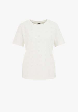 White, short-sleeve t-shirt with a textured eyelet pattern and a round neck. The fabric is lightweight and breathable with intricate cutouts.